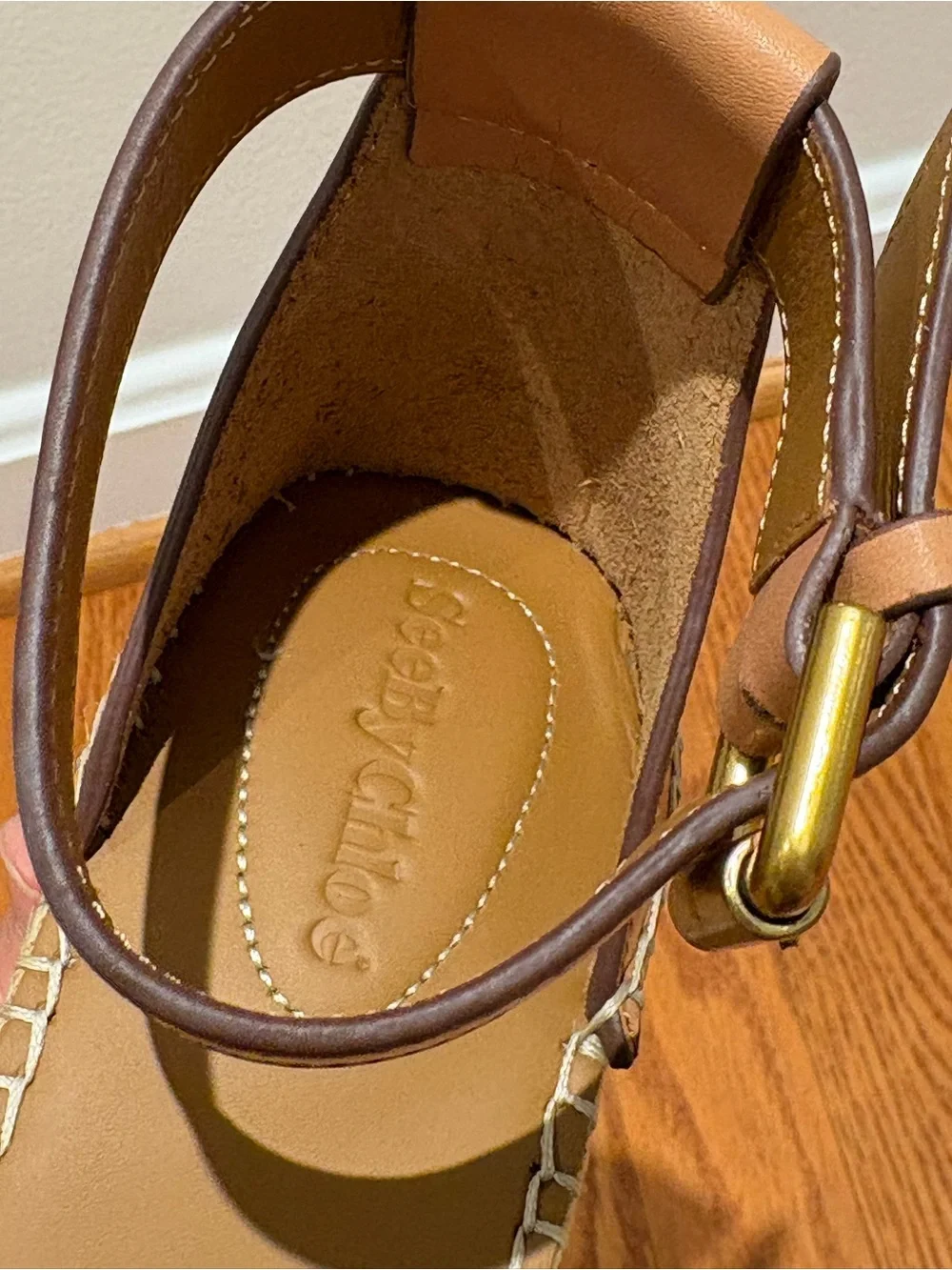 New See by Chloé Glyn Leather & Canvas Platform Espadrille Wedge Sandals Sz 38
